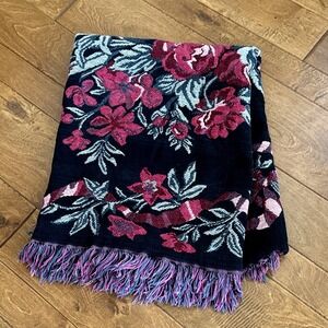 Vintage Floral Tapestry Throw Blanket Fringe Reversible Cottagecore Roses 43x67